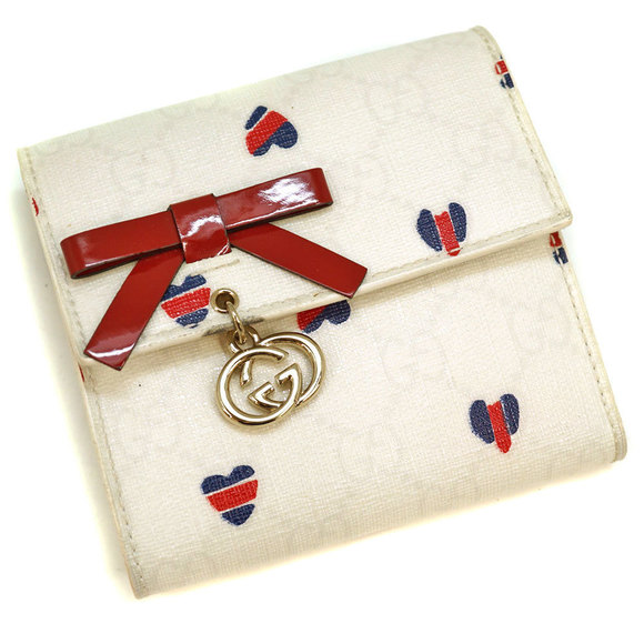 Gucci Heart Canvas Red Wallet GG Ribbon Charm Blue Tri White - Picture 1 of 13